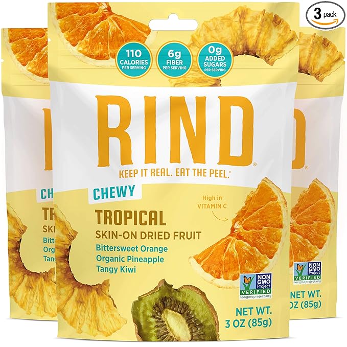 RIND Snacks | Tropical Blend | Bittersweet Orange Organic Pineapple &amp Tangy Kiwi | Dried Fruit Superfood | Chewy Snack | Fiber Rich | Vitamins A C &amp E | Paleo | Vegan | Fruit Snacks | 3 oz