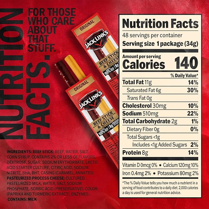 Jack Link's Original Beef &amp Cheese Combo Classic Snack Pack Made with 100% Beef and Real Wisconsin Cheese 8g protein Individually Wrapped Snacks - 1.2 Ounce (Pack of 48)