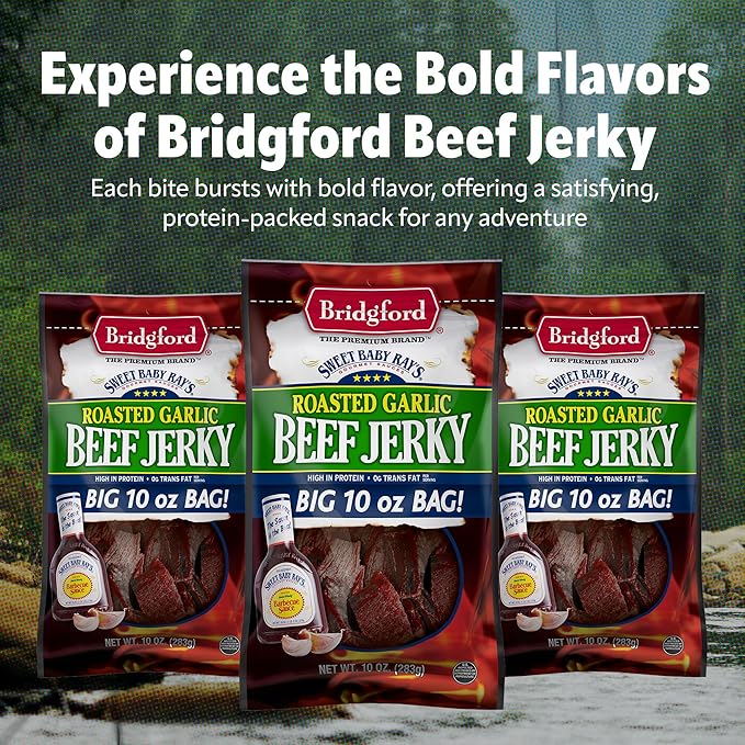 Bridgford Sweet Baby Ray's Beef Jerky Roasted Garlic 10 oz Pack of 6 - Healthy High Protein Beef Jerky for Your Dietary Preferences - Ready-to-Eat Snacks for On-The-Go Snacking and Busy Lifestyles