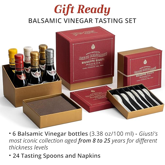 Giusti - Tasting Set - Balsamic Vinegar of Modena Historical Collection and White Condiment - Includes Spoons and Napkins - 6x 100ml