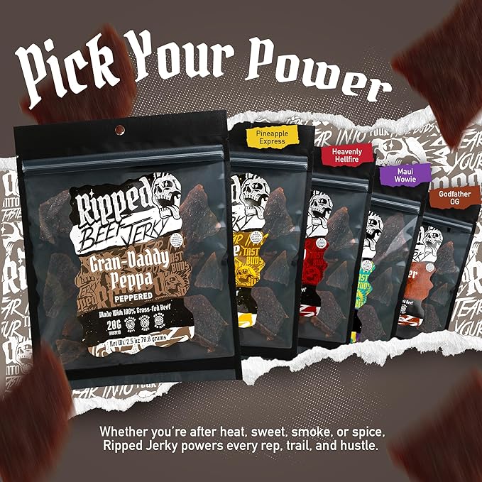 Ripped Beef Jerky - 100% Grass Fed Beef 20g Protein Real Ingredients Gluten Free No MSG Made in USA (Pack of 3 Peppered)
