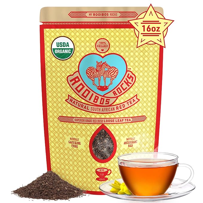 Naturally Sweet Organic Rooibos Tea - 16 oz Premium Loose Leaf - Caffeine Free &amp Sugar Free - Rich in Antioxidants