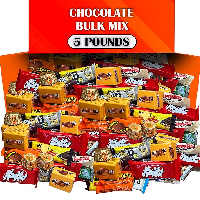 Assorted Chocolate Candy Mix 5 Lbs Bulk Individually Wrapped Chocolate Bars Assortment Variety Mix includes Assorted Hershey Milk Chocolate Snack Size Miniature Bars for Parties and Office Candy B