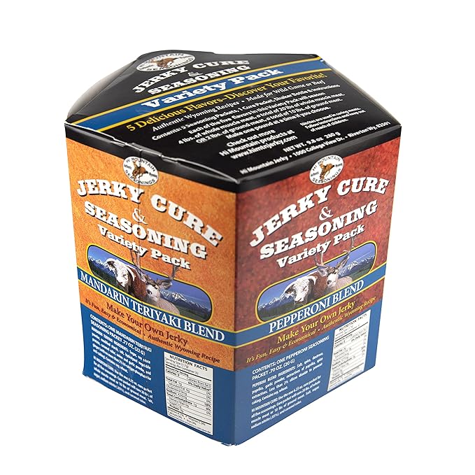 Hi Mountain Jerky Seasoning and Cure Kit | VARIETY PACK #2 | 5 Delicous Flavors: Mandarin Teriyaki Pepperoni Sweet &amp Spicy Inferno Pepper | Make Beef Jerky at Home | Beef Deer Elk &amp Veni