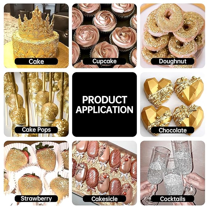 Edible Glitter Spray Set - 5 Colors Iridescent Gold Silver White &amp Rose Gold Food Grade Shimmer Powder Metallic Edible Spray Glitter for Cakes Cookies Chocolate &amp Strawberries 5g/Bottle