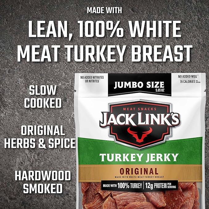 Jack Link's Turkey Jerky Original 5.85 oz. Sharing Size Bag – Flavorful Meat Snack with 12g of Protein 80 Calories Made with 100% Turkey - 96% Fat Free No Added MSG or Nitrates/Nitrites