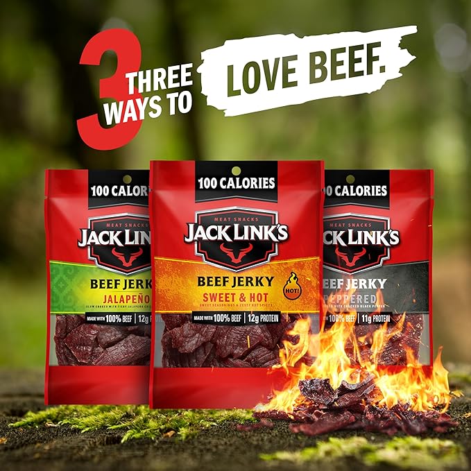 Jack Link's Beef Jerky Bold Variety Pack - Includes Sweet &amp Hot Jalapeno and Peppered Jerky Bulk Protein Snack Pack Good Source of Protein Meat Snacks Made with 100% Beef - 1.25 Oz (Pack of 15