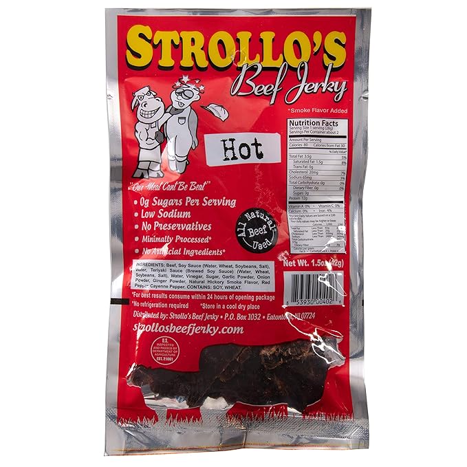 Strollo's Beef Jerky-Hot 12 Pack-1.5oz Packs- Low Sodium Low Sugar Low Carb Keto Diet Friendly-Made with All Natural USA Beef USDA Certified