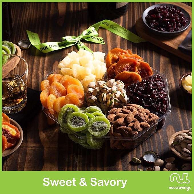 NUT CRAVINGS - Dried Fruit &amp Mixed Nuts Gift Basket + Green Ribbon (7 Assortments 2 LB) Ramadan Gifts Food Arrangement Healthy Snack Care Package