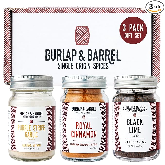 Burlap &amp Barrel 3-Pack Spice Gift Set – 3 Full-Size Jars of Favorite Spices for the Curious Cook – Includes Cinnamon Garlic &amp Lime Seasonings - As Seen On Shark Tank