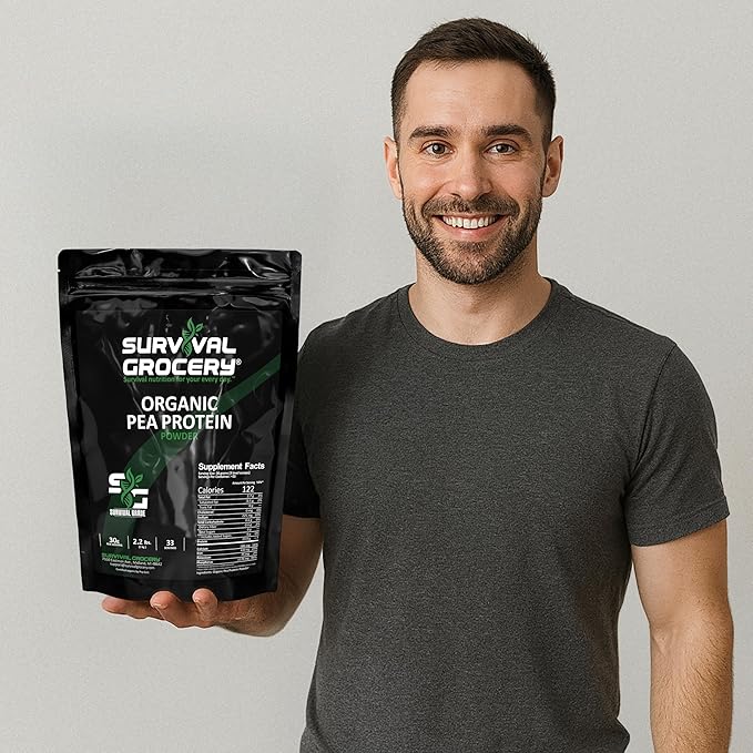 Survival Grocery® Organic Pea Protein - Organic Non-GMO North American Grown &amp Produced Gluten Free Vegan Survival Grade Protective Bulk Bags with Long Shelf Life (2.2 lbs./1 Bag)