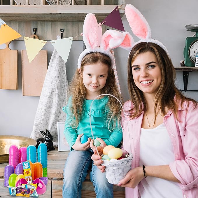 Prefilled Easter Eggs with Candy 50 Count Bulk Assorted Colors Plastic Eggs with Spring Themed Chocolate Candy Mix and Stickers for Egg Hunts Goodie Bags Basket stuffers for Kids Girls and Boys
