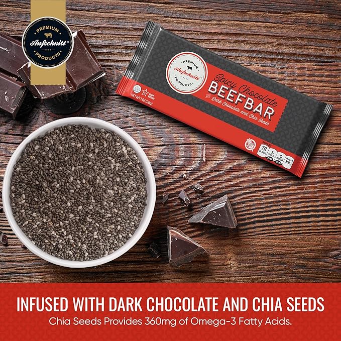 Aufschnitt Beef Bars - High Protein Snack with Grass Fed Beef - Kosher and Keto Friendly - Dark Chocolate and Chia Seeds 6 Count
