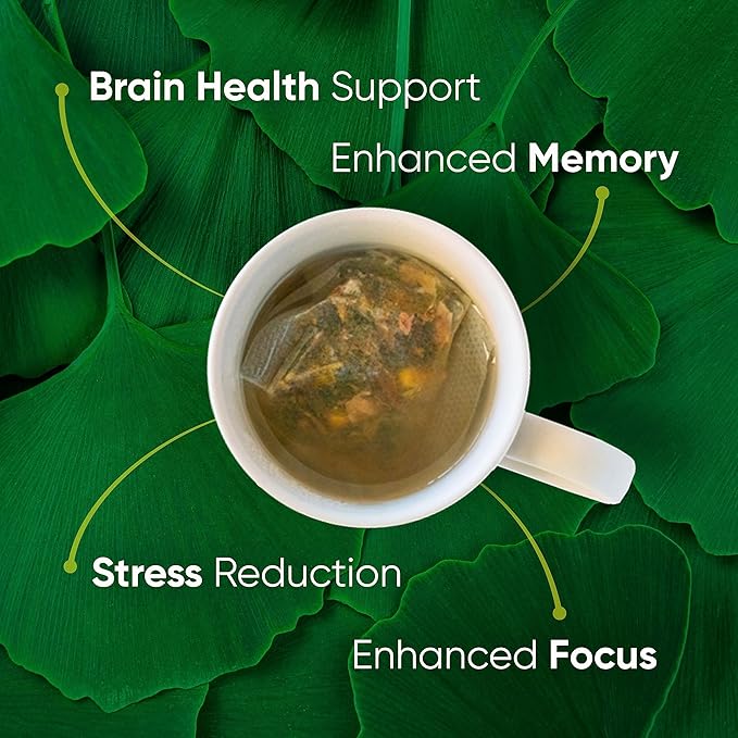 Brain Tea Focus &amp Memory - Brain Tea Organic Certified 4-in-1 Nootropic Herbal Supplement with Ginkgo Biloba Gotu Kola Lion’s Mane Mushroom MCT Caffeine-Free for Mental Clarity (30 Sachets)