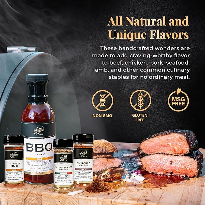 Loubier BBQ Sauce &amp Dry Rub Sampler Gift Box- Top-tier Barbecue Sauce Duo w/Italian Topper &amp Chipotle Seasoning Natural &amp Organic Unique Flavors for Meat &amp Veggies Gluten-Free Made