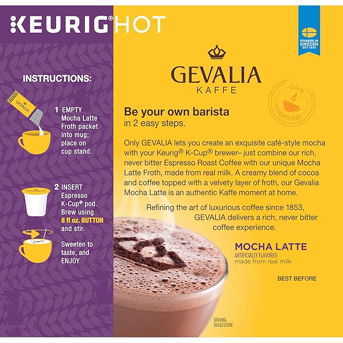 Gevalia Mocha Latte K-CUP Pods and Froth Packets 9 count (Pack of 6)