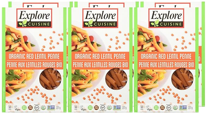 Explore Cuisine Organic Red Lentil Penne Pasta Non GMO 8 Ounces (Pack Of 6)