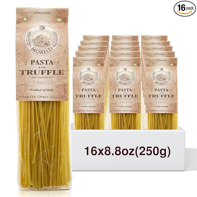Morelli Italian Truffle Linguine Pasta - Gourmet Organic Pasta Handmade in Small Batches Imported from Italy Made With Durum Wheat Semolina - 8.8 oz / 250 g (16 Pack)