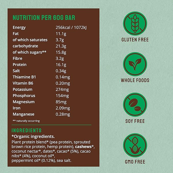BodyMe Organic Vegan Protein Bar | Raw Cacao Mint | Box of 12 x 2.12oz (60g) | with 3 Plant Proteins