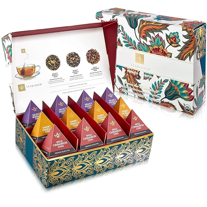 Teabloom Himalaya Chai Gift Set – Organic Chai Tea Sampler with 12 Plant-Based Pyramid Sachets Elegant Presentation Box for Tea Lovers