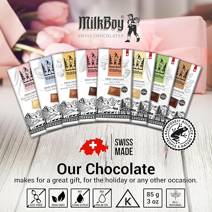Milkboy Swiss Chocolates 72% Dark Chocolates Variety Pack - Chocolate Bars - Crafted in Switzerland - All Natural Sustainably Farmed Cocoa - Gluten &amp GMO Free Vegan - 3 oz (Pack of 5)