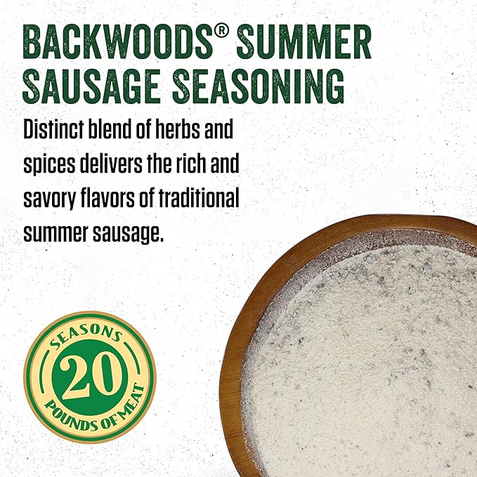 LEM Products Backwoods Summer Sausage Cured Sausage Seasoning Kit Ideal for Wild Game Seasons Up to 20 Pounds of Meat 1 Pound 2.5 Ounce Package with Pre-Measured Cure Packet Included