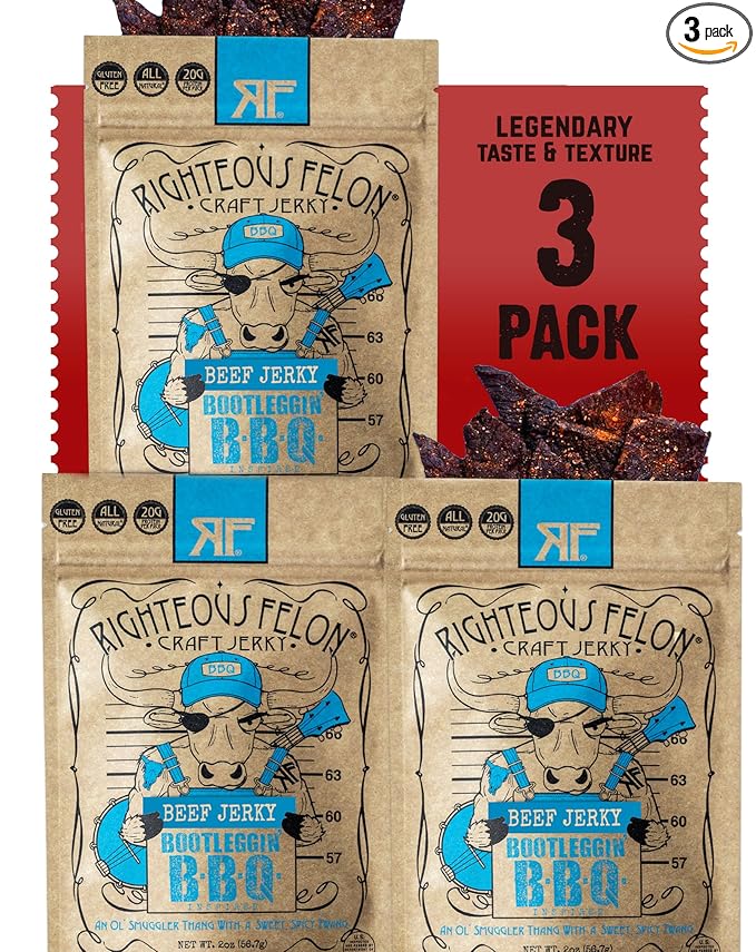 Righteous Felon Beef Jerky - Baby Blues BBQ - Gluten-Free Snacks - All-Natural Locally Sourced &amp Dried Beef Jerky - Low-Sugar High-Protein Healthy Snacks - 2 Ounces Each Pack of 3