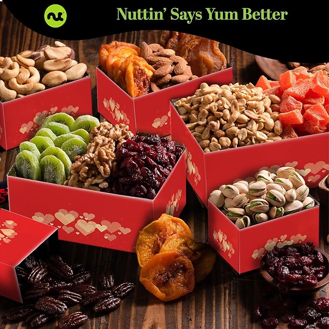 NUT CRAVINGS - Easter Dried Fruit &amp Mixed Nuts Gift Basket Red Tower + Heart Ribbon (12 Assortments) Ramadan Gifts Food Arrangement Healthy Snack Care Package Kosher