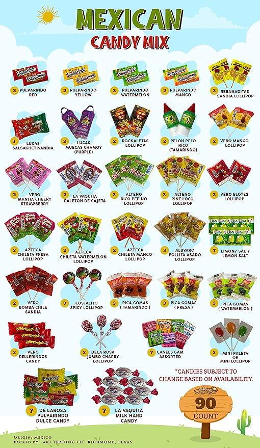 Mexican Candy Assortment Snacks Pack - Variety of Spicy Sweet and Sour Candies Includes Lucas Candy Pelon Pelo Rico Pulparindo Rellerindo by LookOn - 90 Count