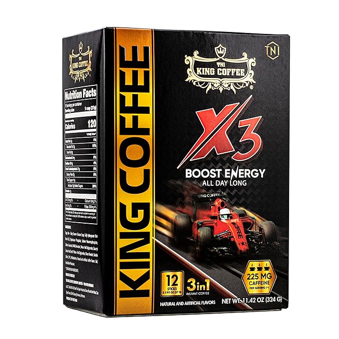 King Coffee 3in1 X3 Instant Vietnamese Coffee Packets Box 12 sticks x 0.95 oz (27g) Boost Energy Cafe Mix Perfect for Powerful Day (1)