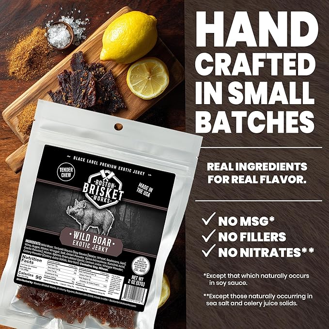 WILD BOAR JERKY - 100% Feral Swine - Rustic Wild Game Snack Rugged Carnivore Gift for Him - Unique Meat Lover Present