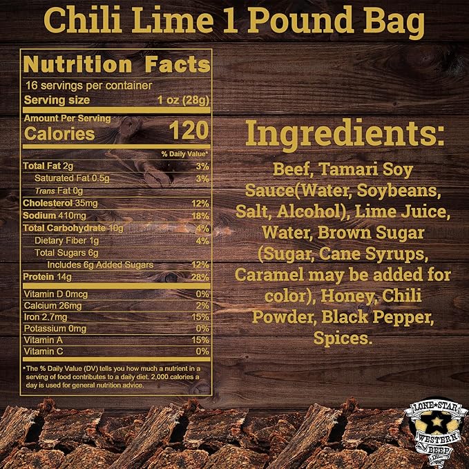 Lone Star Chili Lime Flavored Beef Jerky - 1 Pound Resealable Bag - Hickory Smoked Handcrafted Flavor - High Protein Healthy Meat Snack