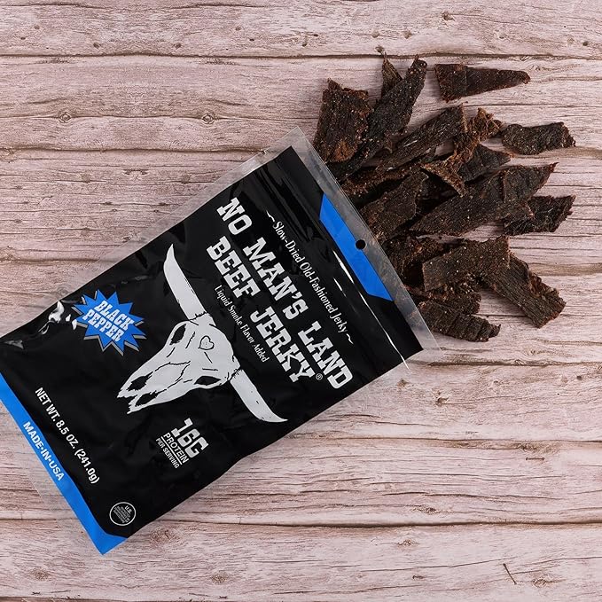 No Mans Land High Protein Beef Jerky | 16G Protein Low Carb Low Calorie Beef Snack | Slow-Dried Smoked &amp Seasoned Jerky Strips | Black Pepper 8.5oz Bag
