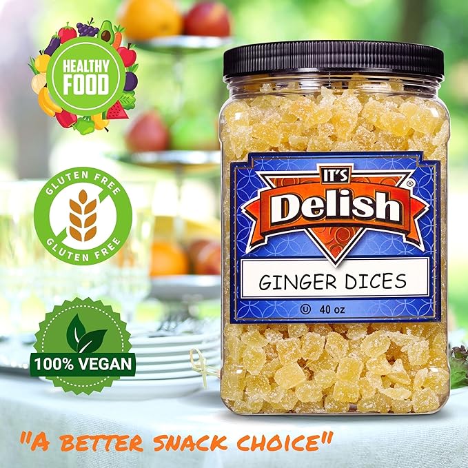 Crystallized Ginger Dices by It's Delish 2.5 Lbs Jumbo Container | Candied Dried Ginger Fruit Chews Natural Candy Ginger Root with Sugar Crystals Unsulphured No Color Added - Healthy Snack Vegan