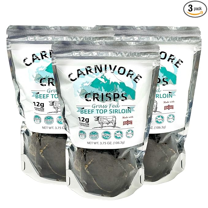 Carnivore Crisps Grass Fed and Finished Beef Top Sirloin Beef Crips High Protein Keto &amp Carnivore Diet Approved Gluten-Free No Hormones 3.75 oz (Pack of 3)