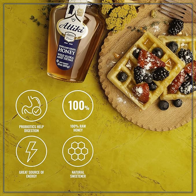 Attiki Pure Greek Honey with Wild Flora and Thyme Perfect for Baking Cooking Lemonade and Tea 16 oz (453 grams) Glass Jar