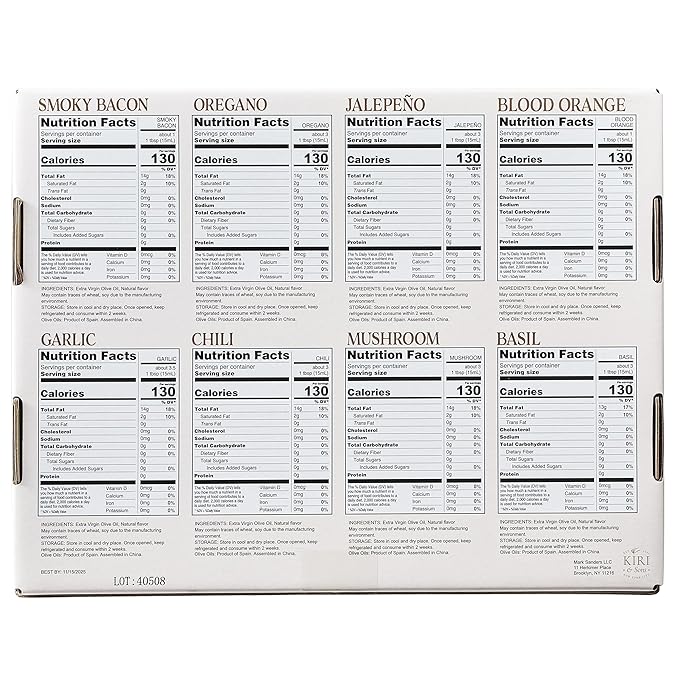 Kiri &amp Sons Olive Oil Gourmet Sampler Gift Set of 8 - Premium Extra-Virgin Olive Oil Made In Spain Natural Flavors Include Mushroom Chili Garlic Oregano Blood Orange Smoky Bacon Jalapeno B