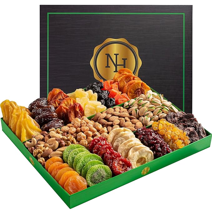 Holiday Dried Fruit &amp Nuts Gift Basket - Selection of 18 Food Tray - Food Gift Box for Him Husband Christmas Thanksgiving Fathers Day Mothers Day Sympathy Family Men &amp Women