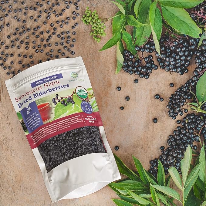 Certified USDA - 100% Organic Dried Elderberries - 1lb Bulk - Non-Irradiated Non-Gmo Whole Black Elderberry Immune Support For Making Elder Syrup Gummies Tea - Raw Vegan Sambucus 1 Pound