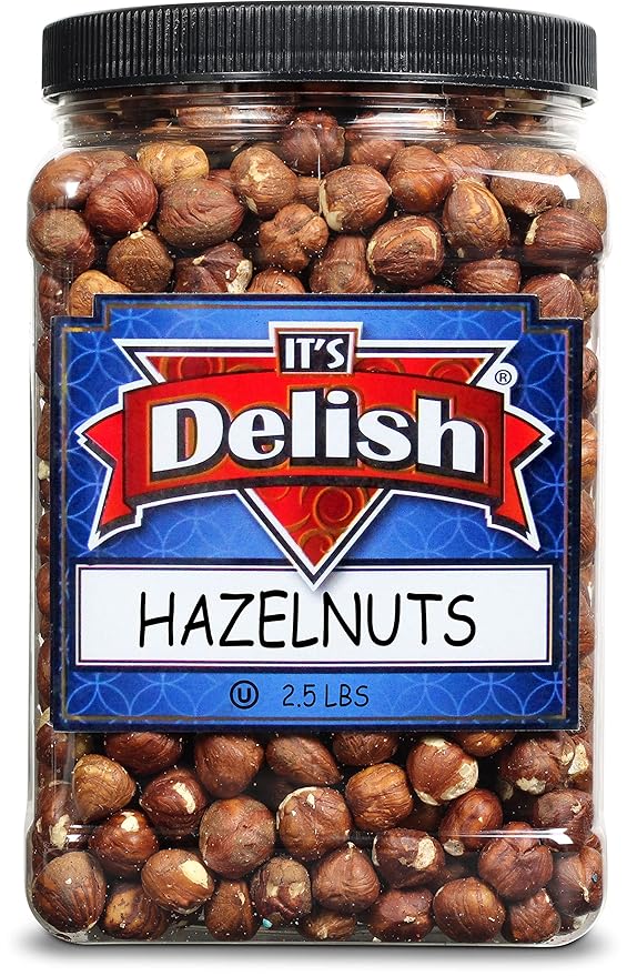 Gourmet Raw Hazelnuts Shelled by It’s Delish 2.5 lbs Reusable Jumbo Container | Unsalted Hazelnuts Filberts for Vegan Kosher and Gluten-Free Nut Snacks