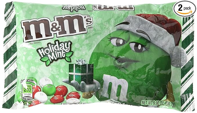 M&ampM's Mint Chocolate Christmas Red Green and White Candies 9.2oz Bags 2 Pack