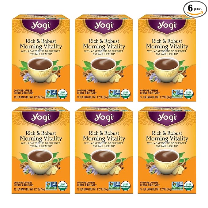 Yogi Tea Rich &amp Robust Morning Vitality - 16 Bags per Pack (6 Packs) - Organic Adaptogen Tea Perfect for the Morning - Includes Puerh Leaf Roasted Chicory Root Cinnamon Bark &amp More