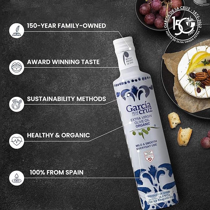 Organic Extra Virgin Olive Oil by Garcia de la Cruz Mild Smooth Flavor for Everyday Use Spanish Organic Olive Oil Single-Origin Family Owned