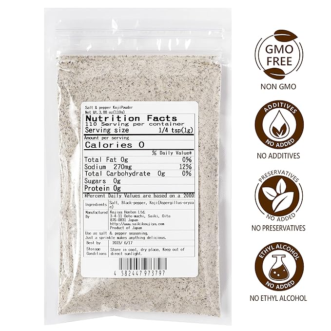 KISUKE KOJI POWER - Koji Powder with Salt and Pepper All-purpose Fermented Umami Seasoning Tenderizer Sweetener Umami-booster Meat-Cure Easy-To-Use for any dish and drink 110g / 3.8oz