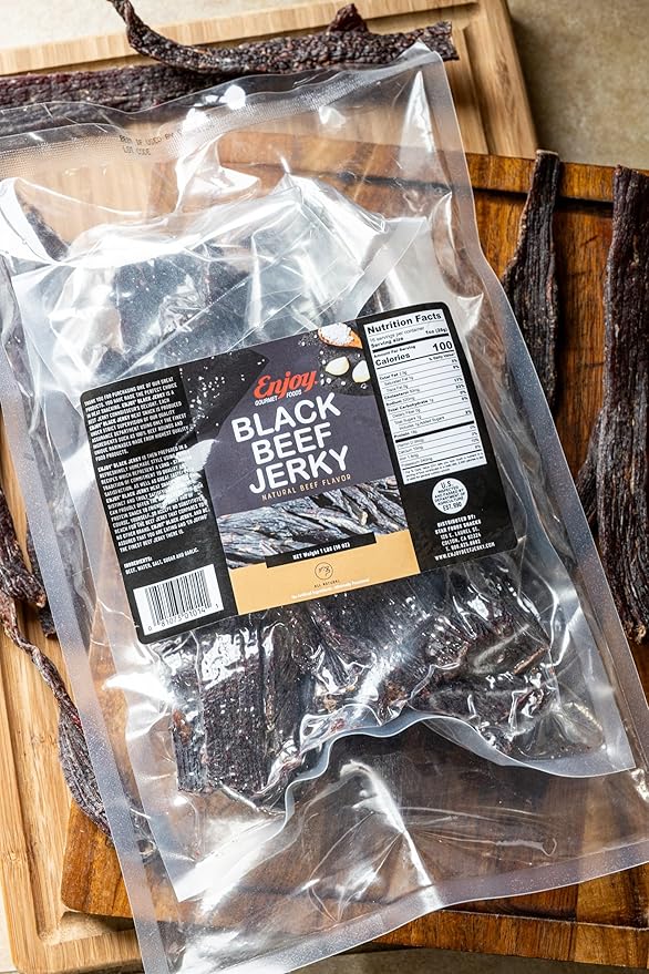 Enjoy Black Beef Jerky 16 oz (Pack of 1) | Traditional Style | High Protein | Low Fat | Zero Trans Fat | No Preservatives | No MSG | No Nitrites | USA Made | Resealable Bag