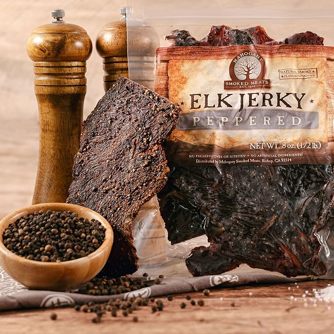 Mahogany Smoked Meats: Black Peppered Elk Jerky - 8oz