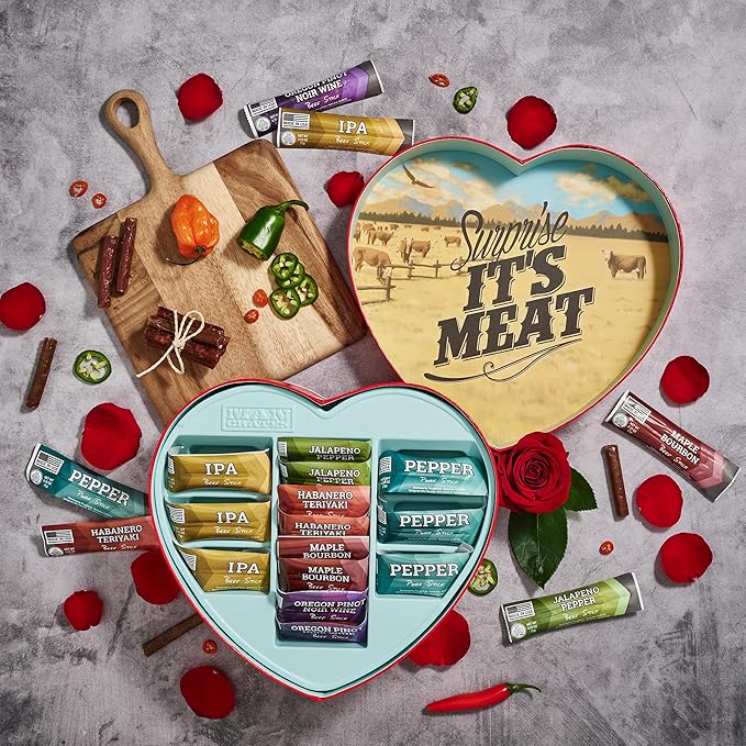 Man Crates Gift for Men – Meat Heart with 14 Beef &amp Pork Sticks – Heart-Shaped Meat Snack Box for Him Boyfriend Husband