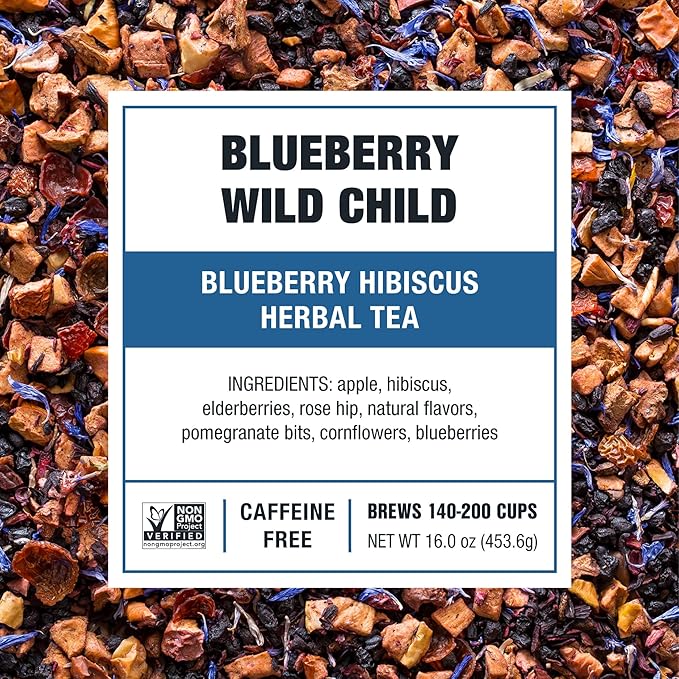 Tiesta Tea Blueberry Wild Child Loose Leaf Blueberry Hibiscus Herbal Tea Premium Non-Caffeinated Blend Make Hot or Iced Brews Up to 200 Cups 16 Ounce Resealable Bulk Pouch