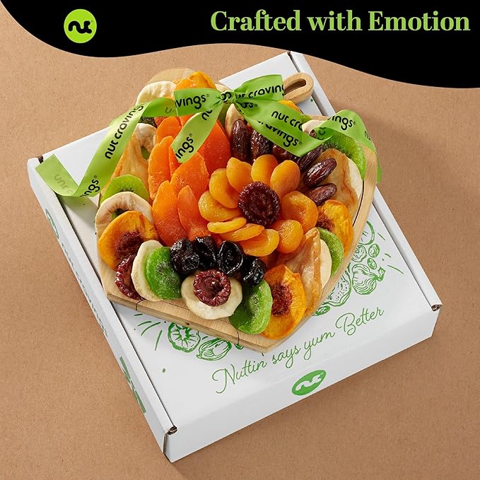 NUT CRAVINGS - Dried Fruit Flower Bouquet Arrangement in Wooden Apple-Shaped Gift Basket + Tray (9 Assortment) Ramadan Gifts Healthy Snack Care Package