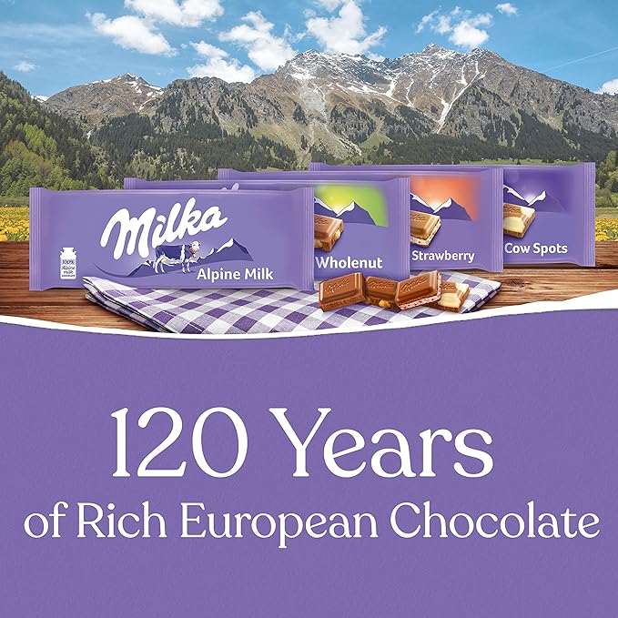 Milka European Chocolate Bars Variety Pack Alpine Milk Chocolate Cow Spots Strawberry &amp Wholenut Hazelnut 10 - 3.52 oz Bars